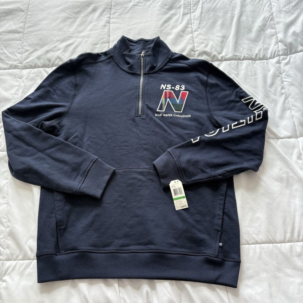 NWT Nautica Mens Large Embroidered Sleeve‎ 100% Cotton Blue 1/4 Zip Pullover